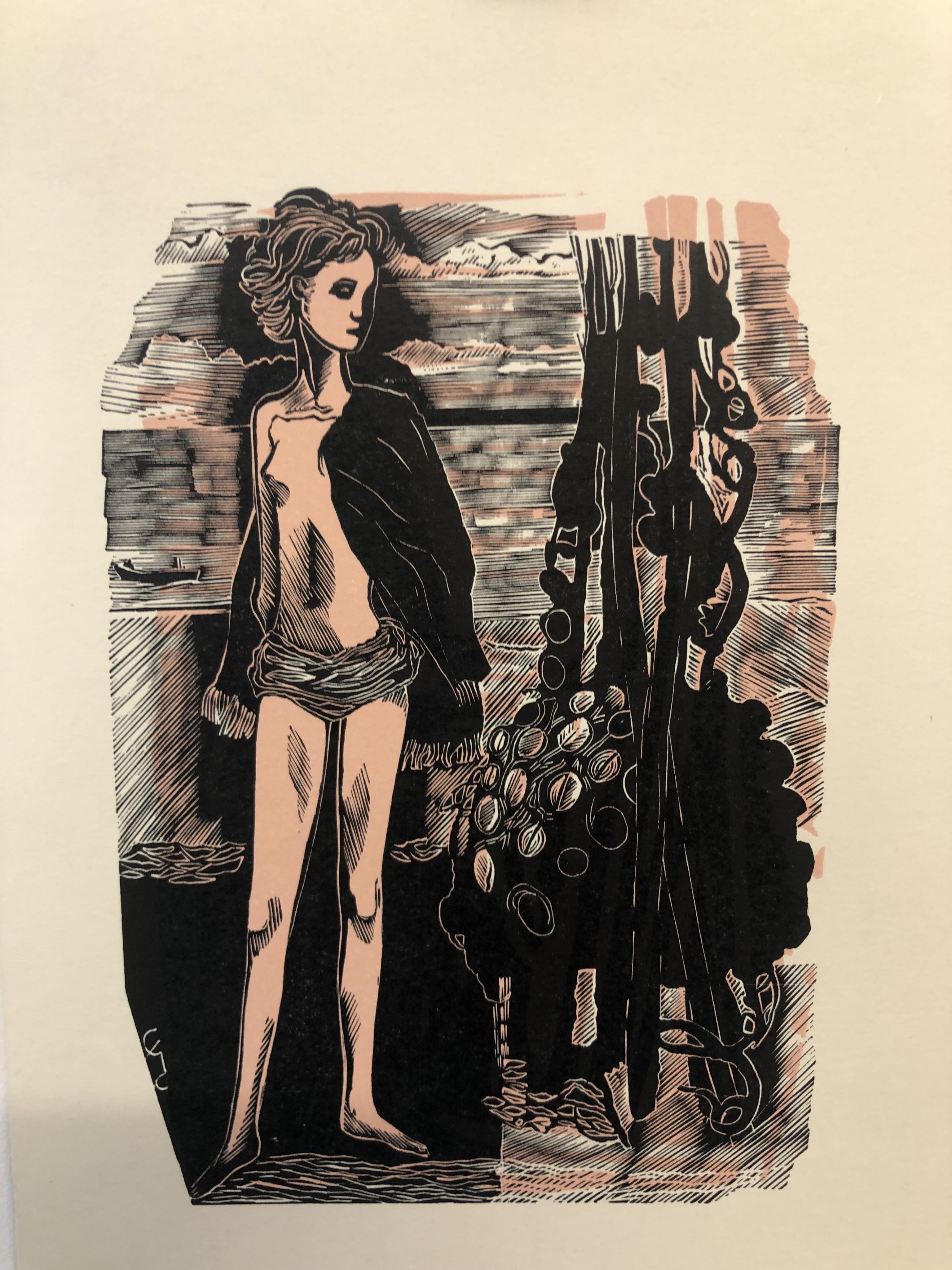 John O’Connor (1913- 2004), four colour lithographs after woodcuts, including study of a nude boy and Cathedral, 1959, unframed, 25 x 18cm. Condition - good